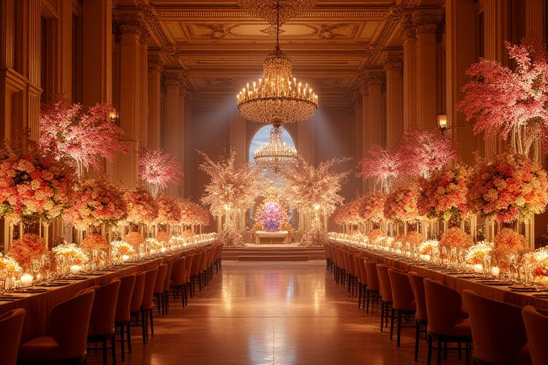 Teljesen feldíszített rendezvényterem, középpontban a virágkompozíciókkal.